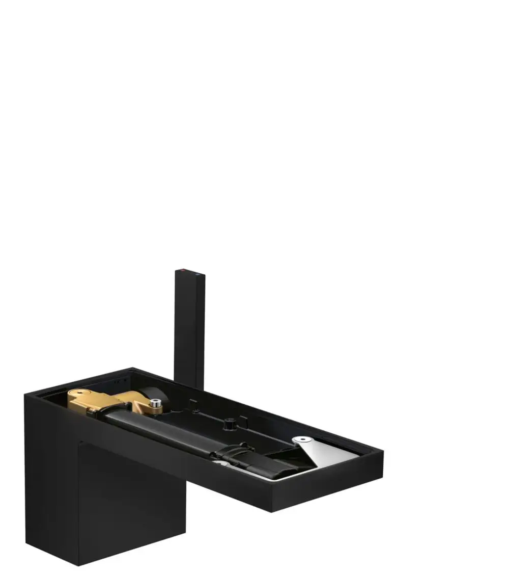 Axor Waschtischmischer in mattschwarz mit Push-Open Ablaufgarnitur. Das Design ist modern und minimalistischer, geeignet für moderne Badezimmer.